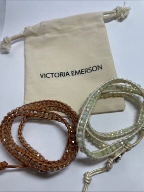 Victoria Emerson Brown and Cream Beaded Wrap Bracelet Duo